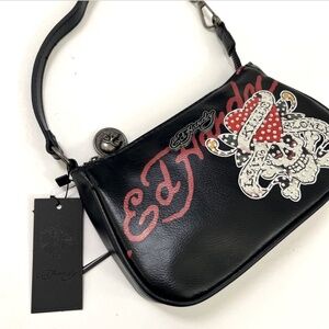 Ed Hardy Love Kills Slowly Skull Heart Shoulder Bag Black Tattoo Pouchette NWT